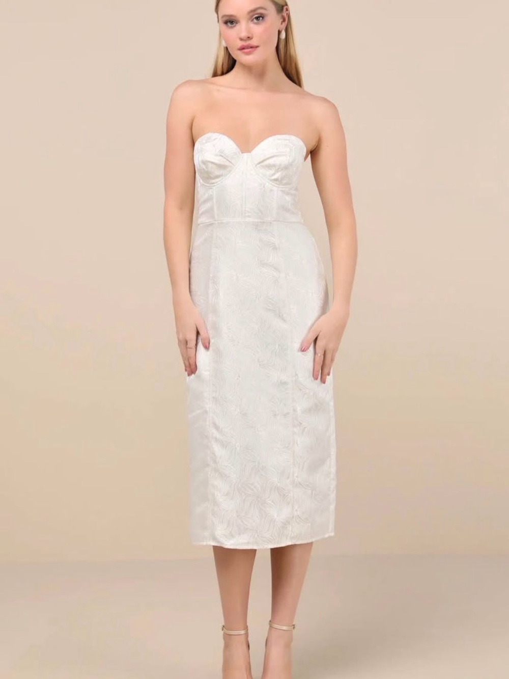 Strapless White Midi Dress with Structured Bust